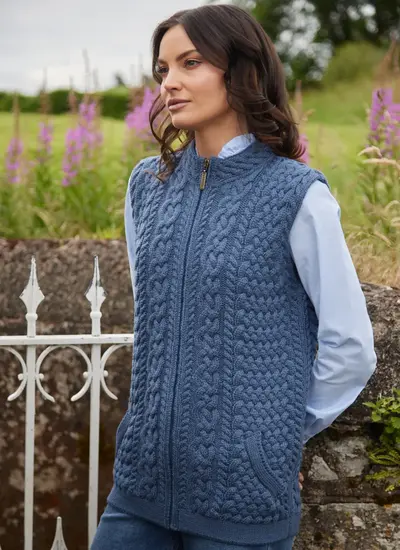 Roisin Full Zip Aran Gilet in Blue Melange